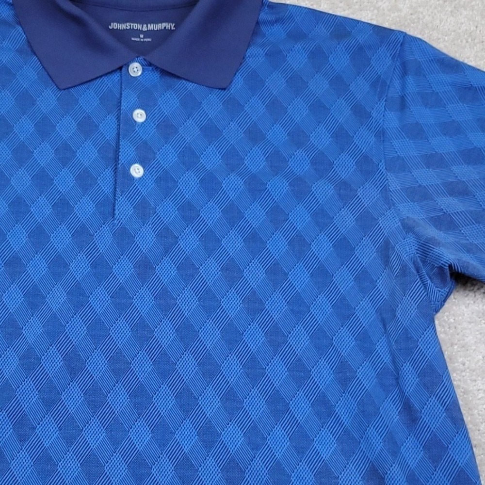 Johnston & Murphy Polo Shirt Mens M Blue Diamond Pattern S/S Pima Cotton